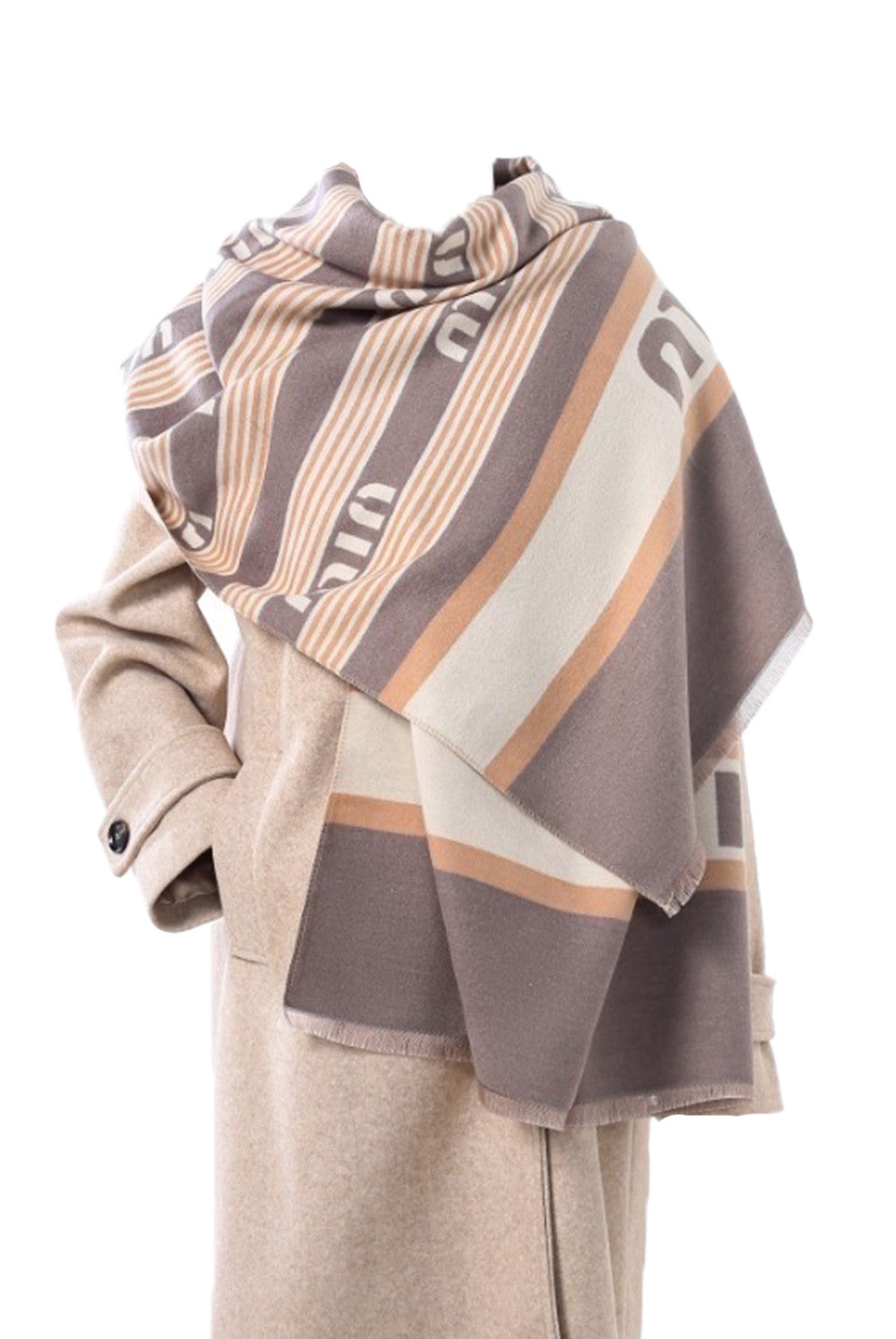 Designer Inspired M Print Wool Blend Scarf - Taupe