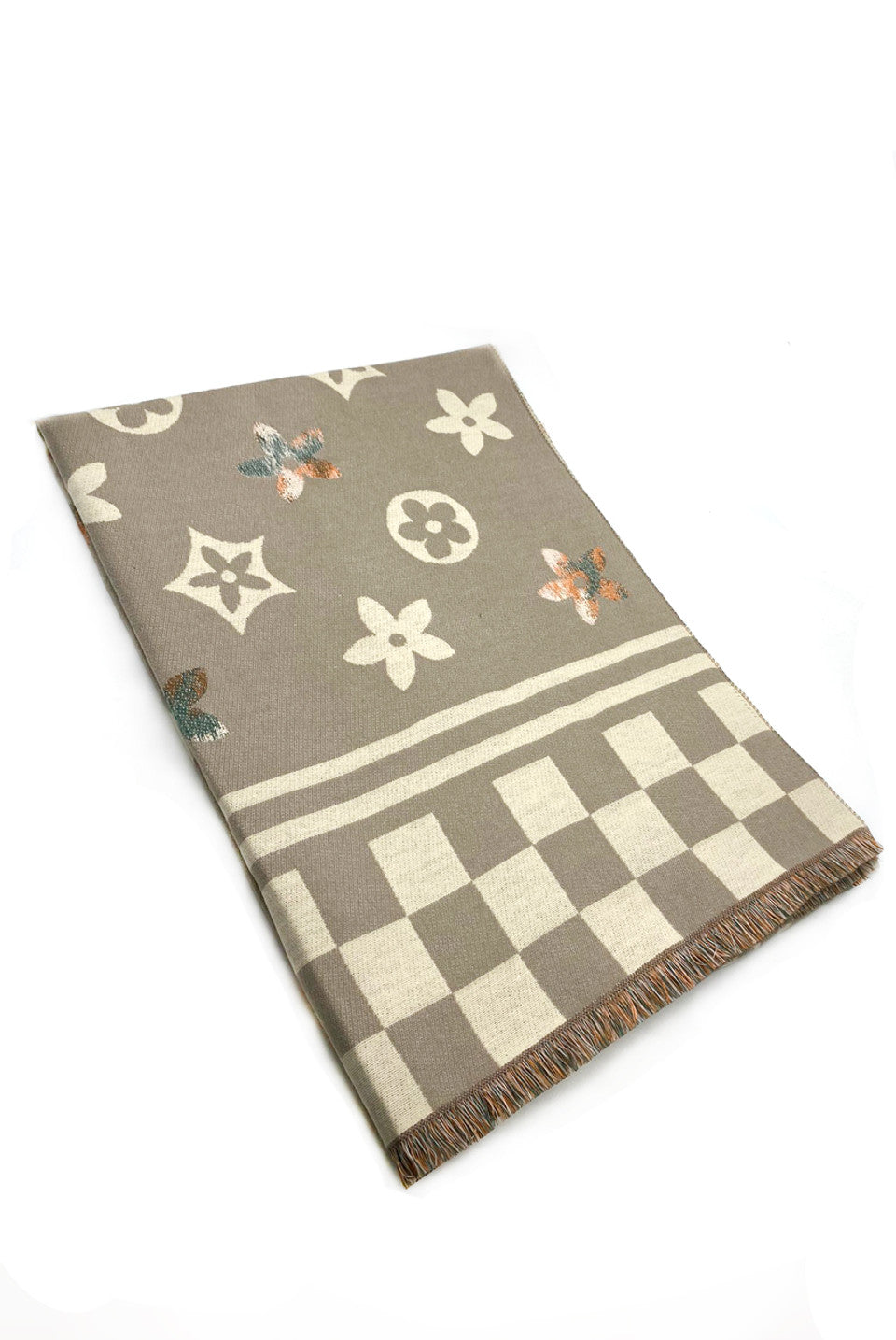 Motif Print Pashmina Style Scarf - Beige