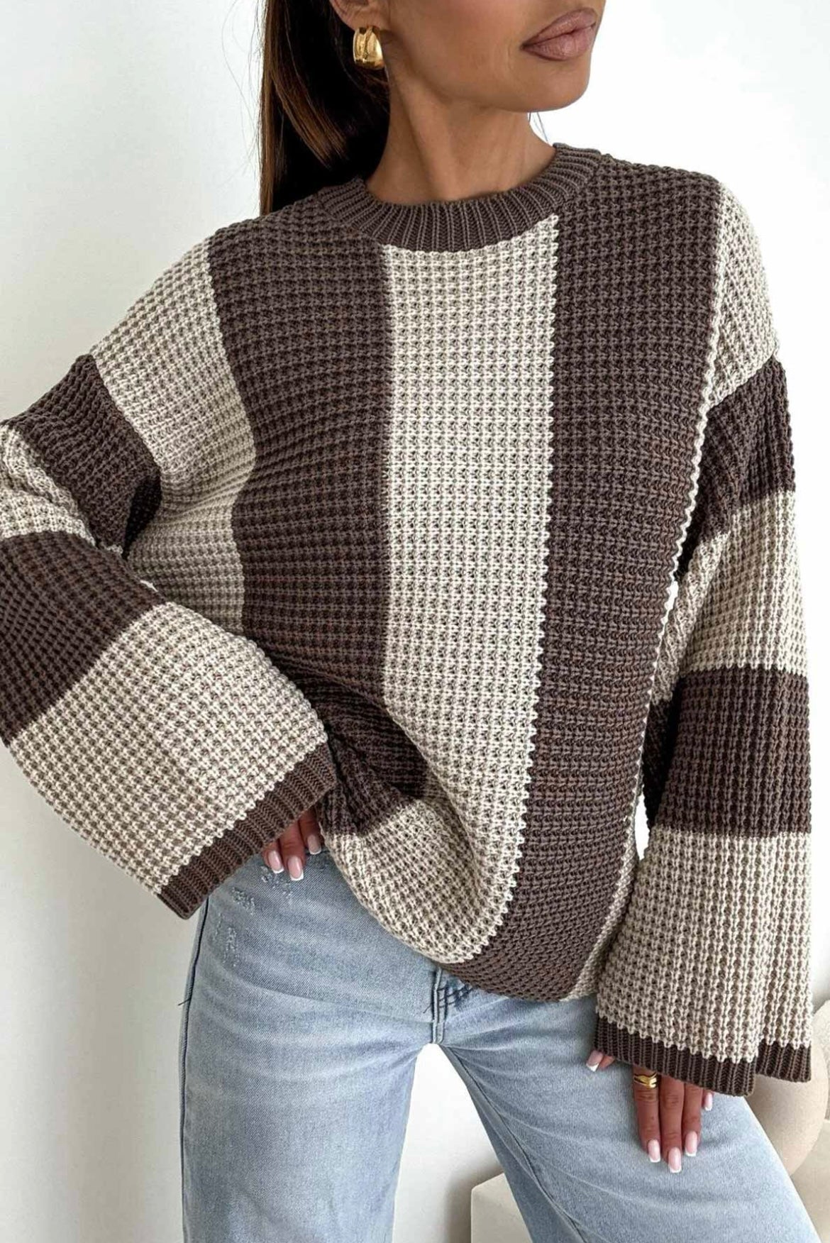 Striped Wide Sleeve Jumper - Brown & Stone