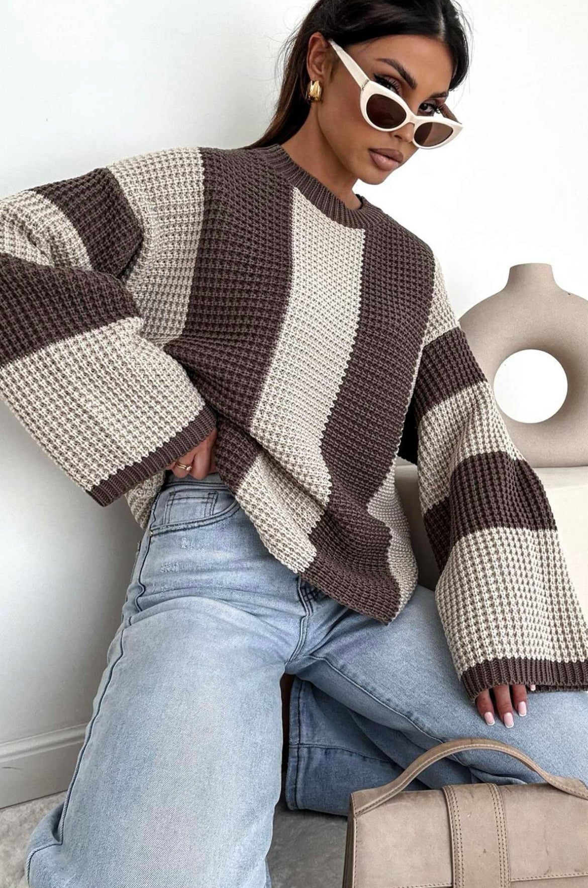 Striped Wide Sleeve Jumper - Brown & Stone