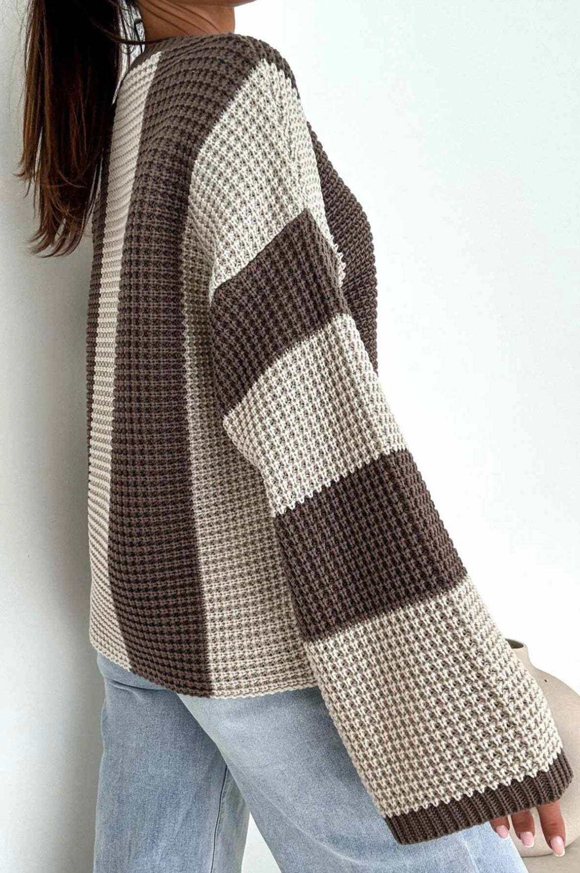 Striped Wide Sleeve Jumper - Brown & Stone