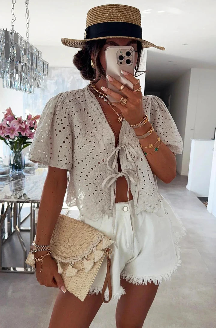 Broderie Scalloped Hem Tie-Up Top