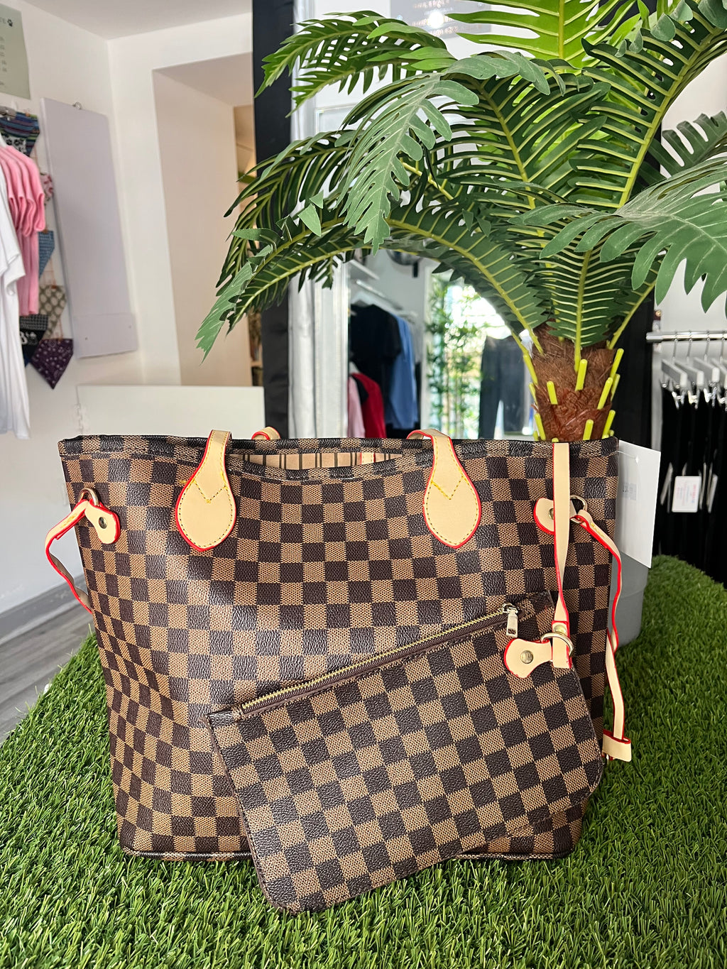 Brown Checkered Large Shopper Bag