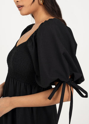 Tiered Puff Sleeve Midi Dress - Black