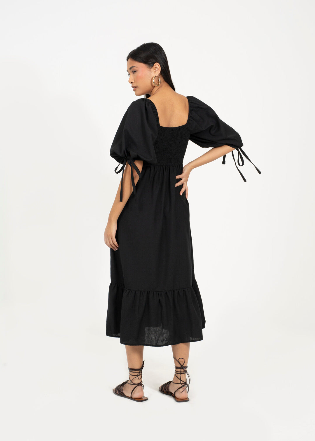 Tiered Puff Sleeve Midi Dress - Black