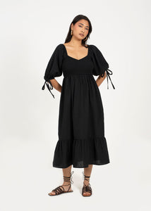Tiered Puff Sleeve Midi Dress - Black