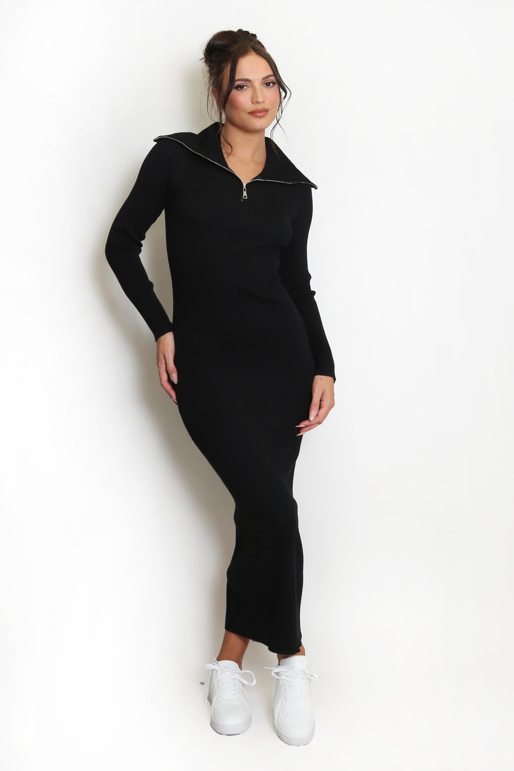 Fine Knit Zip Collar Midi Dress