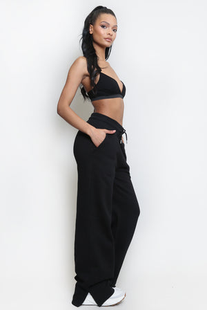 Wide Leg Split Hem Jogger - Black