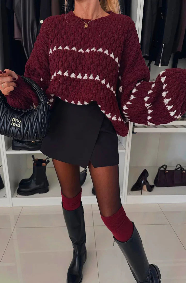 Patterned Knitted Jumper - Wine