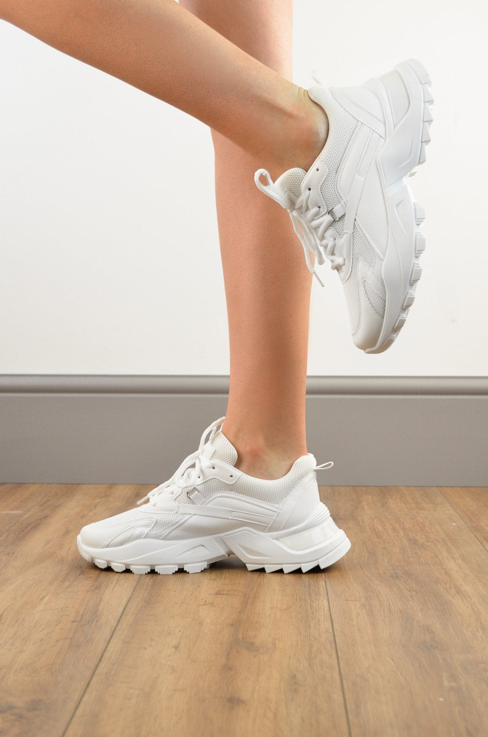 White PU Lace Up Chunky Trainers